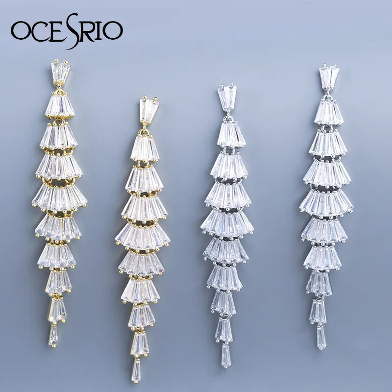 OCESRIO Women Drop Earrings With Stones Silver Color Channels Earings Long Multi-level CZ Gold Zircon Jewelry ers-r78