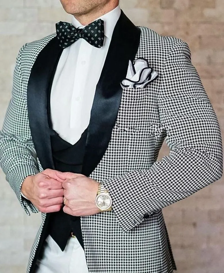 Popular One Button Houndstooth Groom Tuxedos Shawl Lapel Groomsmen Mens Suits Wedding/Prom/Dinner Blazer (Jacket+Pants+Vest+Tie) K554