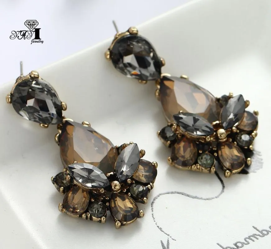 Yayi smycken Nytt brunt glasgrå strass dinglar kristall örhänge kvinnors mode forntida guld färg pärla örhängen 1165247w