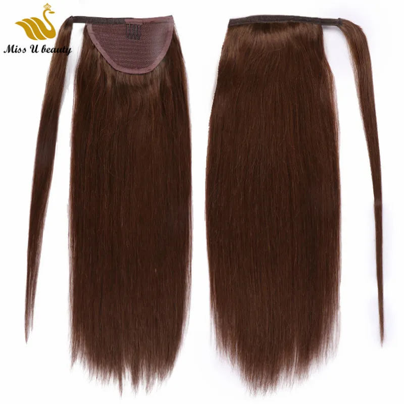 Donkerbruin # 4 Paardenstaart Wrap rond Magic Tape Hair Extensions Silky Straight Humanhair 12-30inch 100g