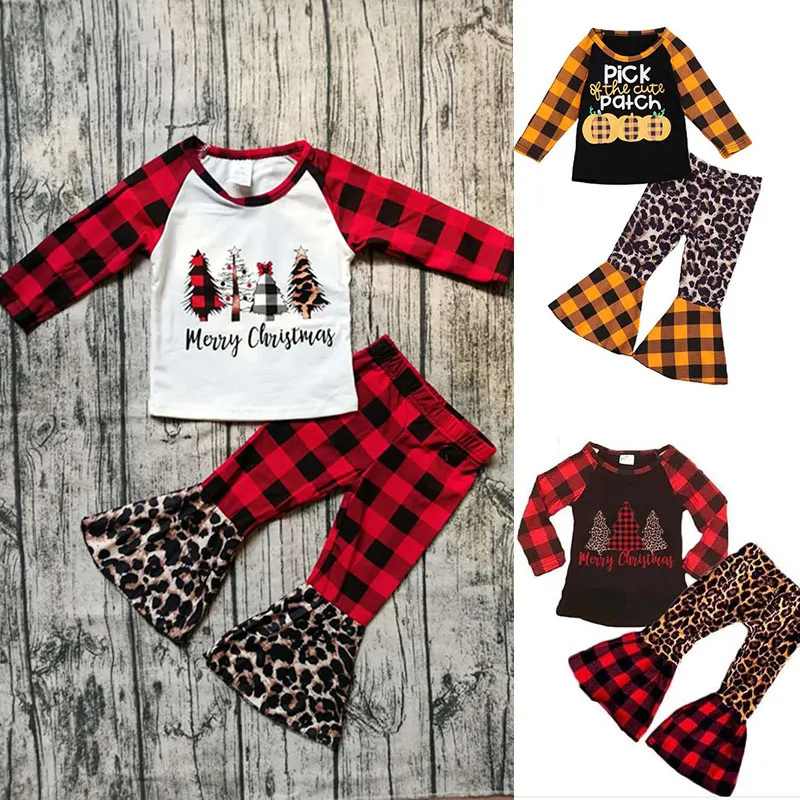 Christmas Halloween Kids Vêtements Ensembles Pumpkin Imprimé à manches longues Top + Plaid Plaid Leopard Pantalon 2PCS / SET