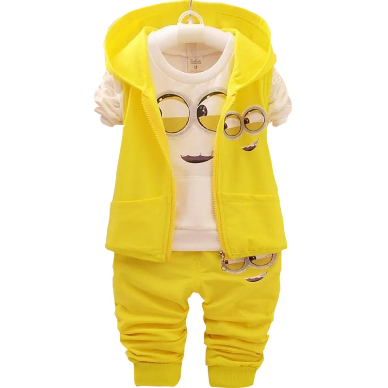 Bébé filles garçons Minions ensembles de vêtements enfants nouveau printemps et automne dessin animé coton costume à capuche gilet + t-shirt + pantalon ensemble de vêtements