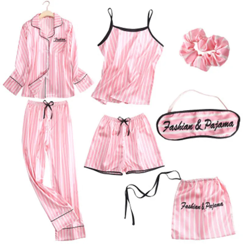 Women's Sleepwear Pink Striped Pajamas Silk Satin Femme Pajama Set 7 Pieces Stitch lingerie Robe pyjamas Women pjs 200919