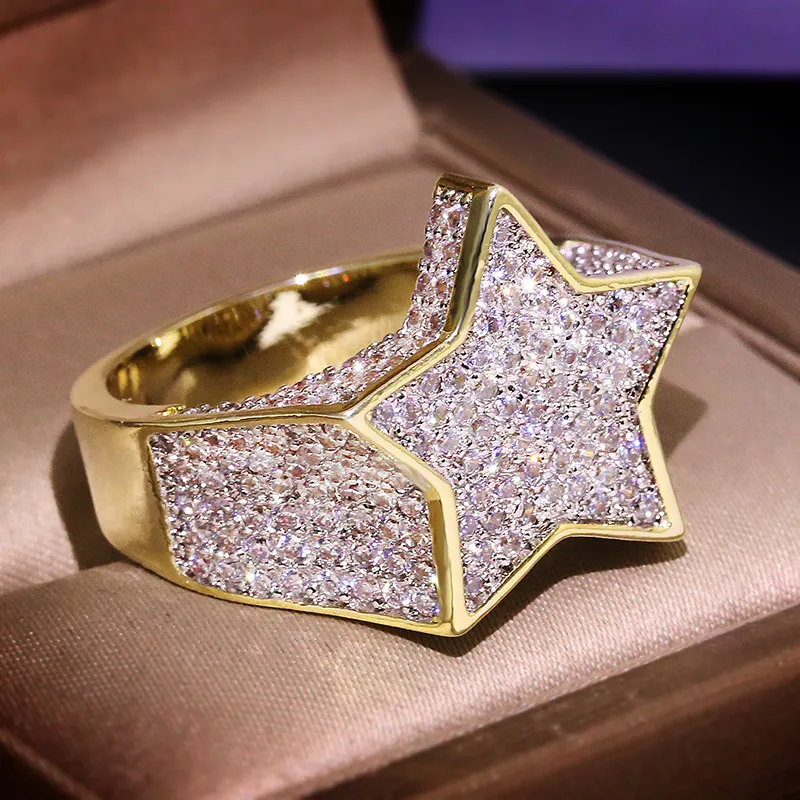 Hip Hop Bling Smycken Iced Out Cool Boy Herr Stjärnform Ring Guldpläterad CZ Cubic Zirconia Bling Hiphop Ringar för män