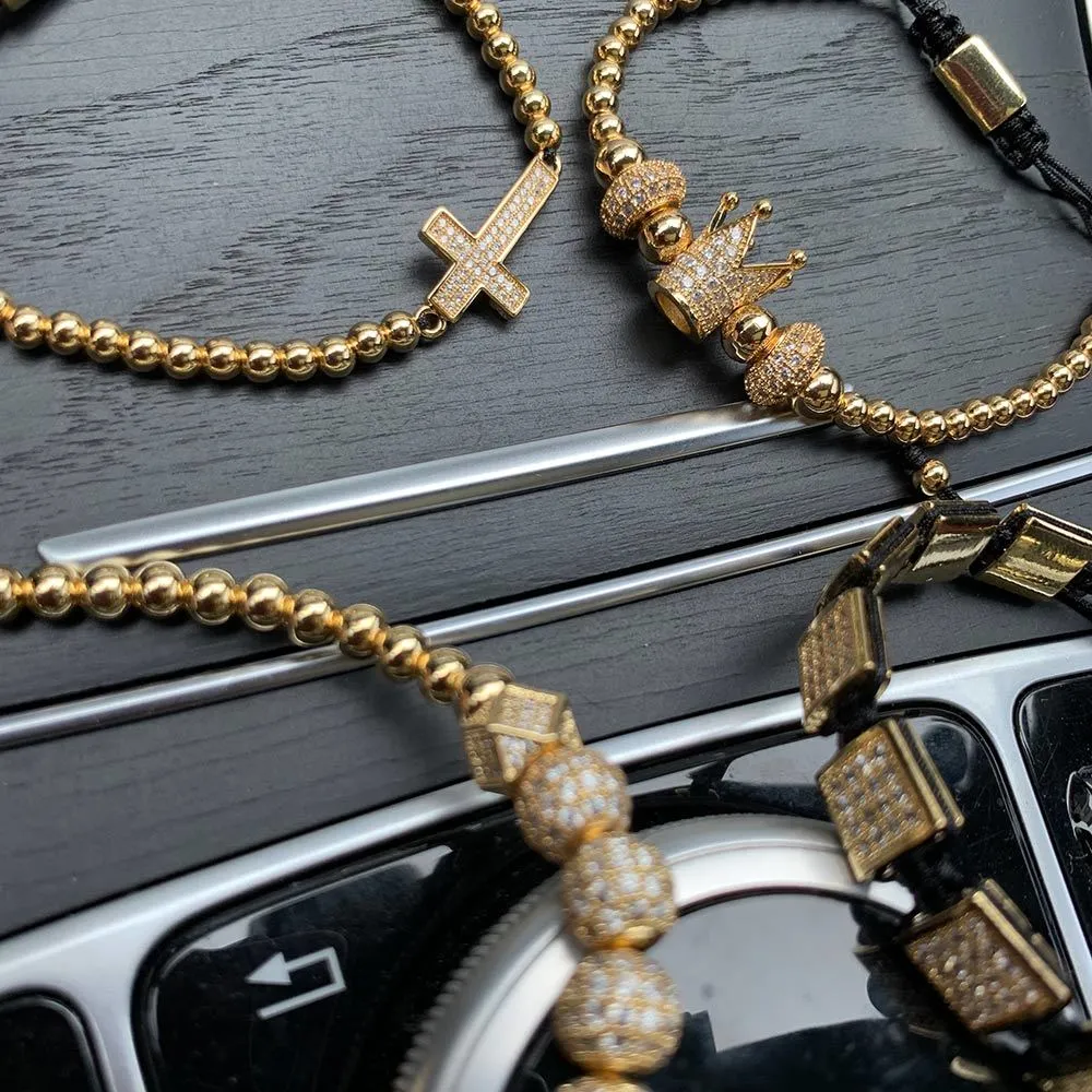 4pcs set Luxury CZ Gold crown cross Charm mens bracelet stacks copper beads Macrame bracelets & bangles for mens accessories Y2008226s