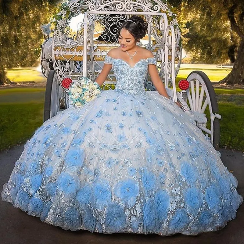 2021 Baby Blue Sweet 16 Quinceanera Klänningar för tjejer 3d blommor Lace Sweetheart Lace-up Ball Gown Vestidos de 15 años