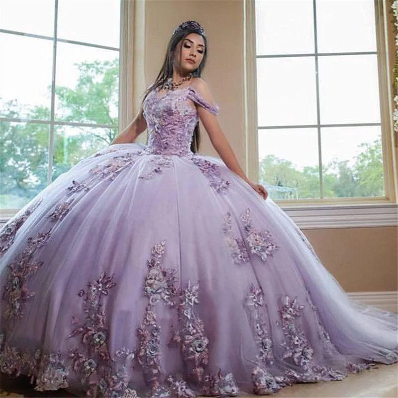 Off Shoulder Lavender Quinceanera Ball Gown With Lace Appliques Sweet ...