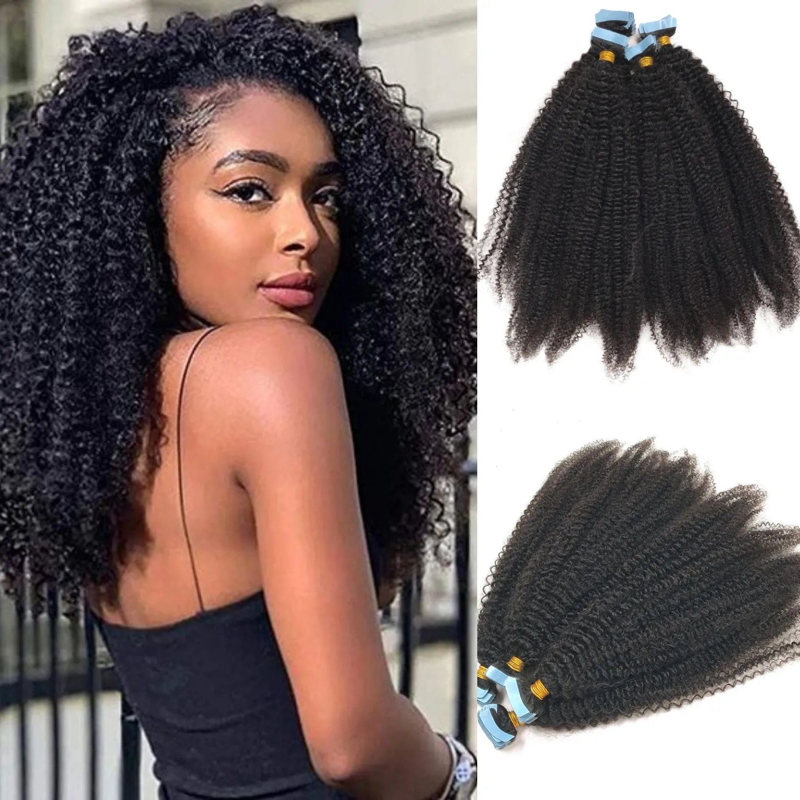 Kinky Curly Tape In Hair Extensions Virgin Brazilian Hair # 1b Naturlig Black Skin Weft Osynlig Tape On Hair Extensions 100g / 40pcs