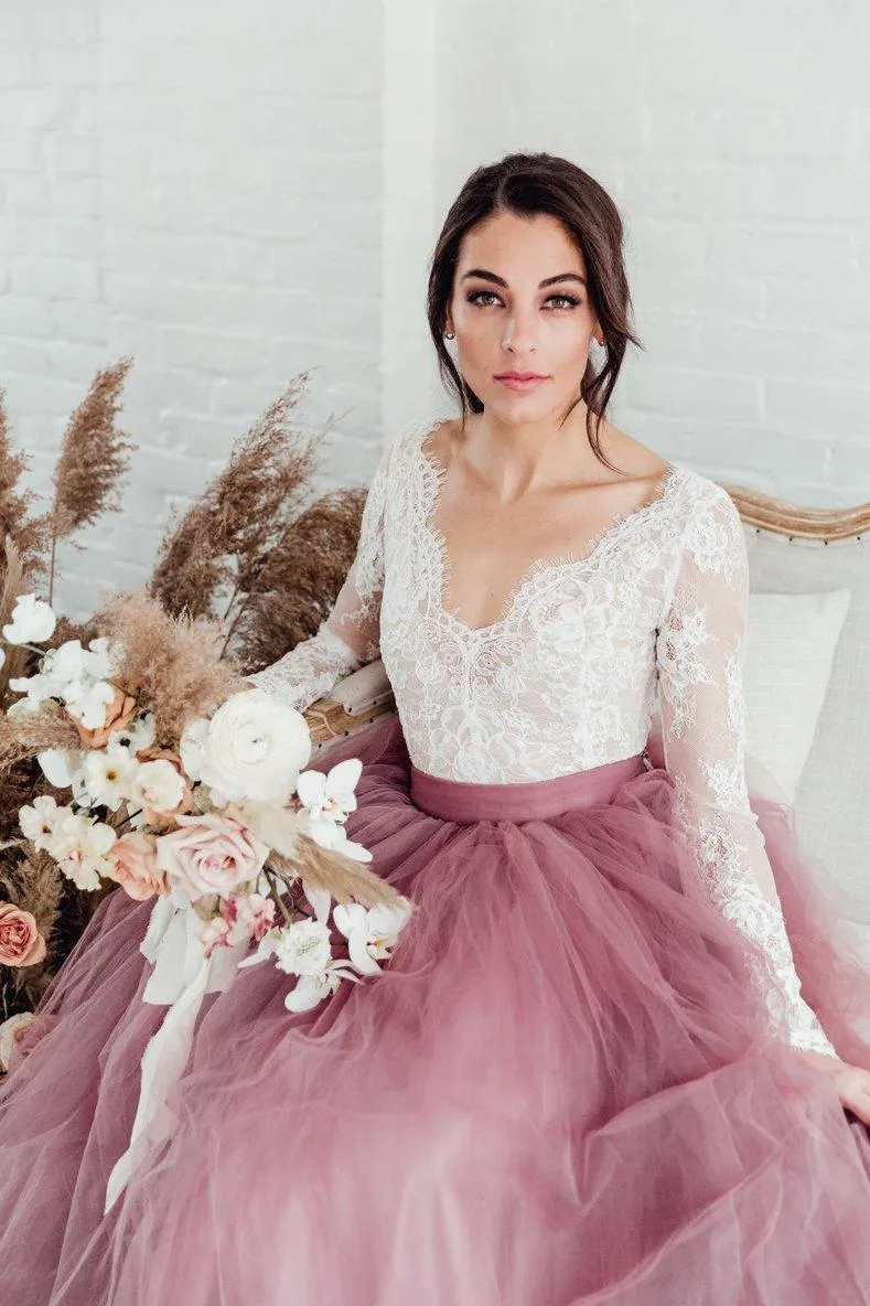 Country Wedding Dresses White And Dusty Pink Tulle V Neck