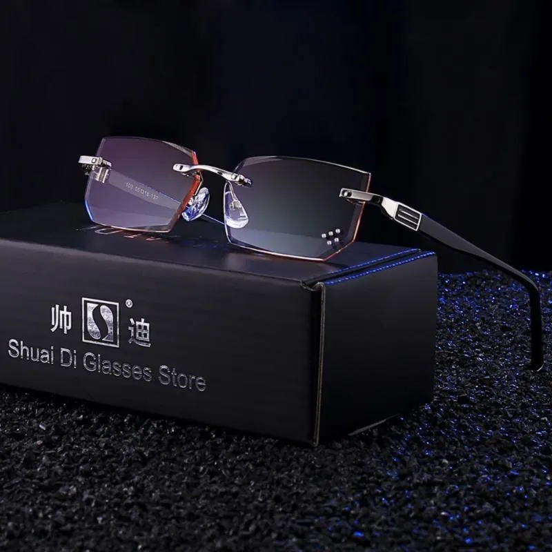 Lyxläsning Glasögon Män Kvinnor Diamant Cut Resin Clear HD Lens Anti Blue Light för sikt Rimless Diopter Glasögon