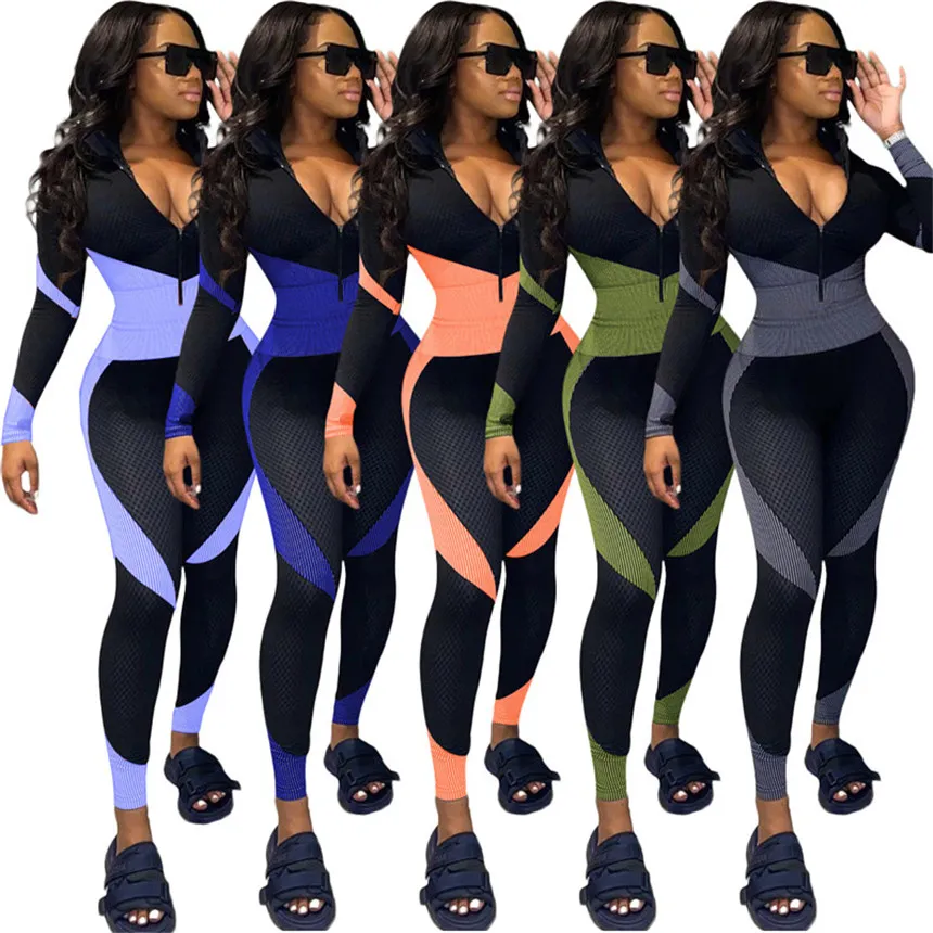 Women panelled Jumpsuits contast color rompers sexy v neck onesie long sleeve bodysuits fall winter clothes bodycon one piece pants 3793