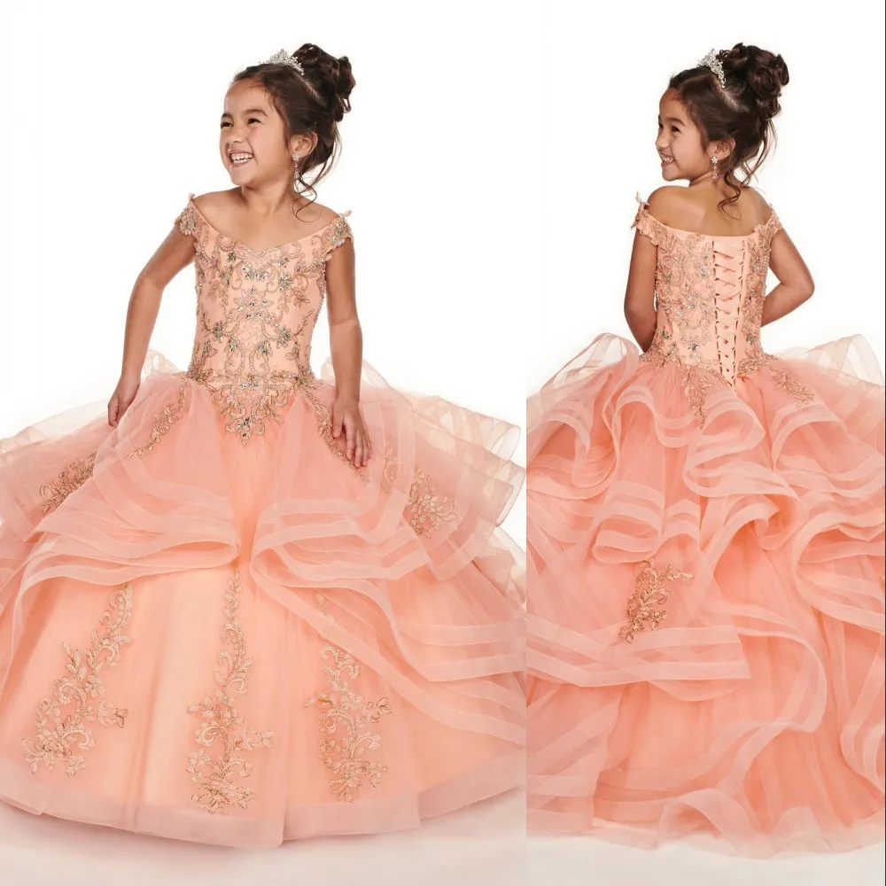 Elegant Royal Blue and Peach Flower Girl Dress with Gold Lace Embroidery Beaded Off Shoulder Design for Pageants Birthdays Communion