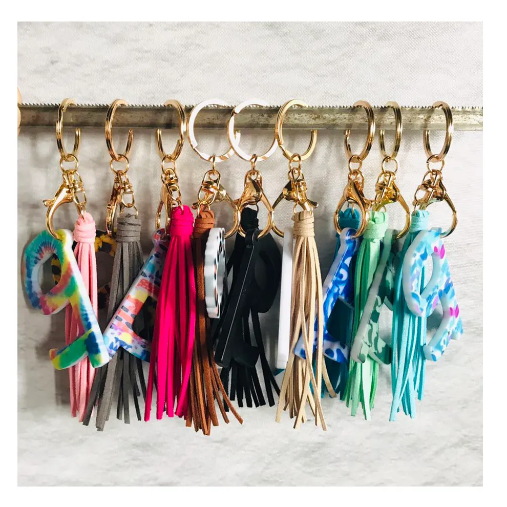 Handmade Suede Tassel No Touch Door Opener Tool Key rings Wholesale Monogrammed Custom Printed Cheap Acrylic Clasp Long Tassel Keychain