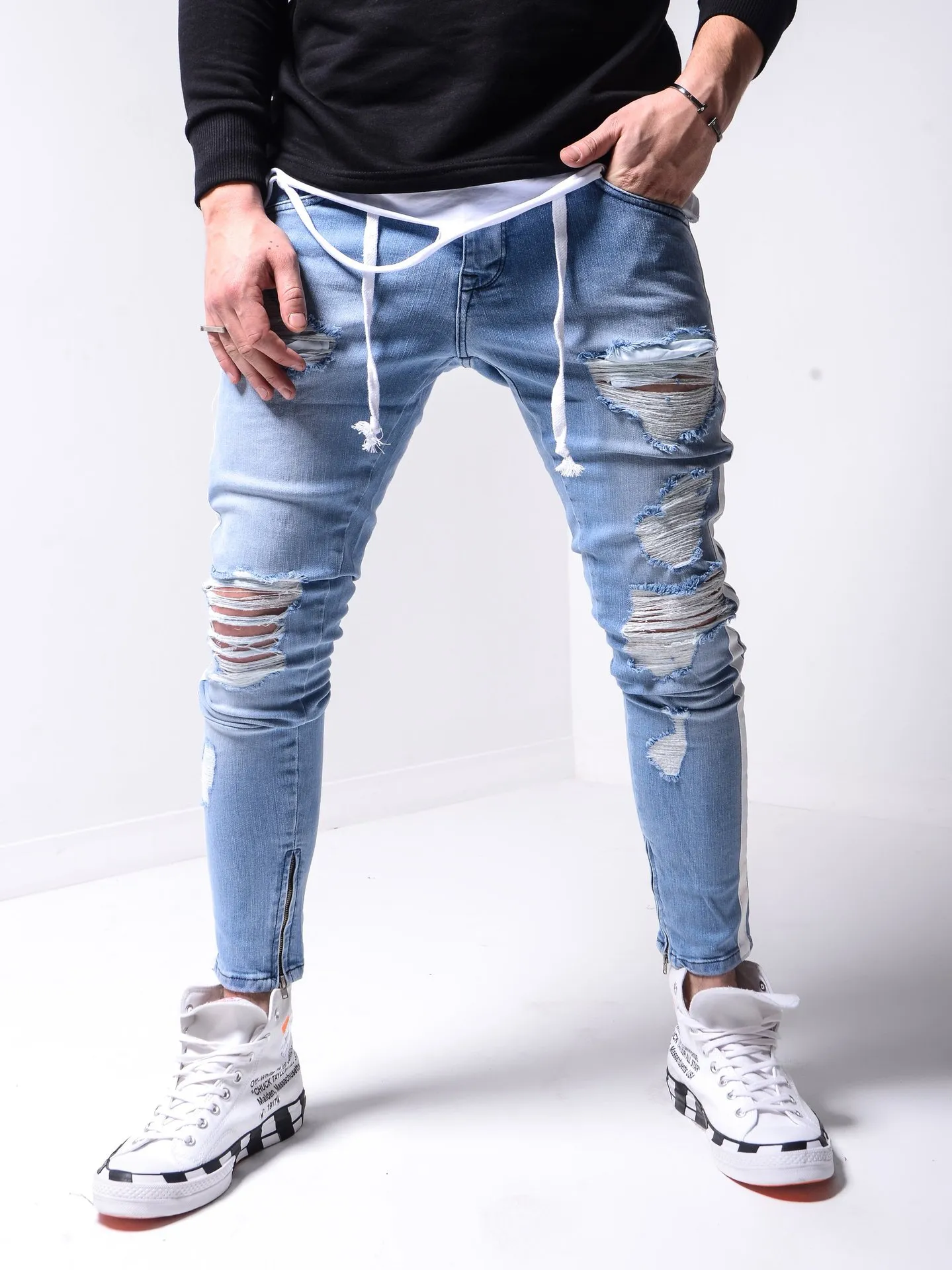 Jeans pour hommes Hommes Rétro Bleu Gris Rayures latérales Trou High Street Plissé Slim Stretch Long Denim Hip Hop Pantalon Crayon pour Male245k