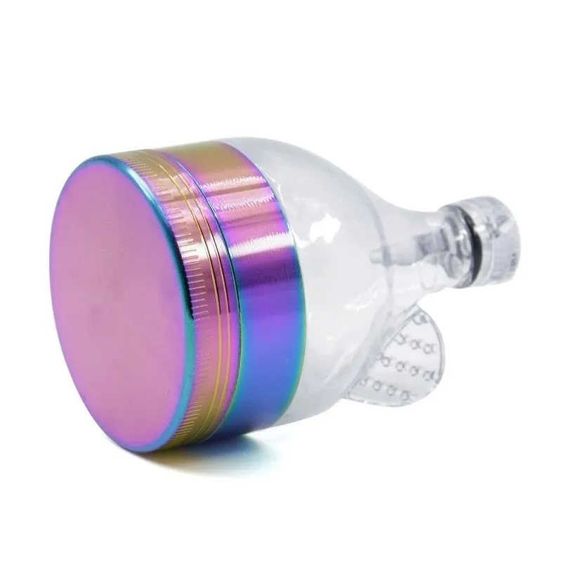 Bottle Shape Cigarette Mill Removable Rainbow 63mm Round Herb Grinders Metal Transparent Handle Grinder High Quality 16mt G2