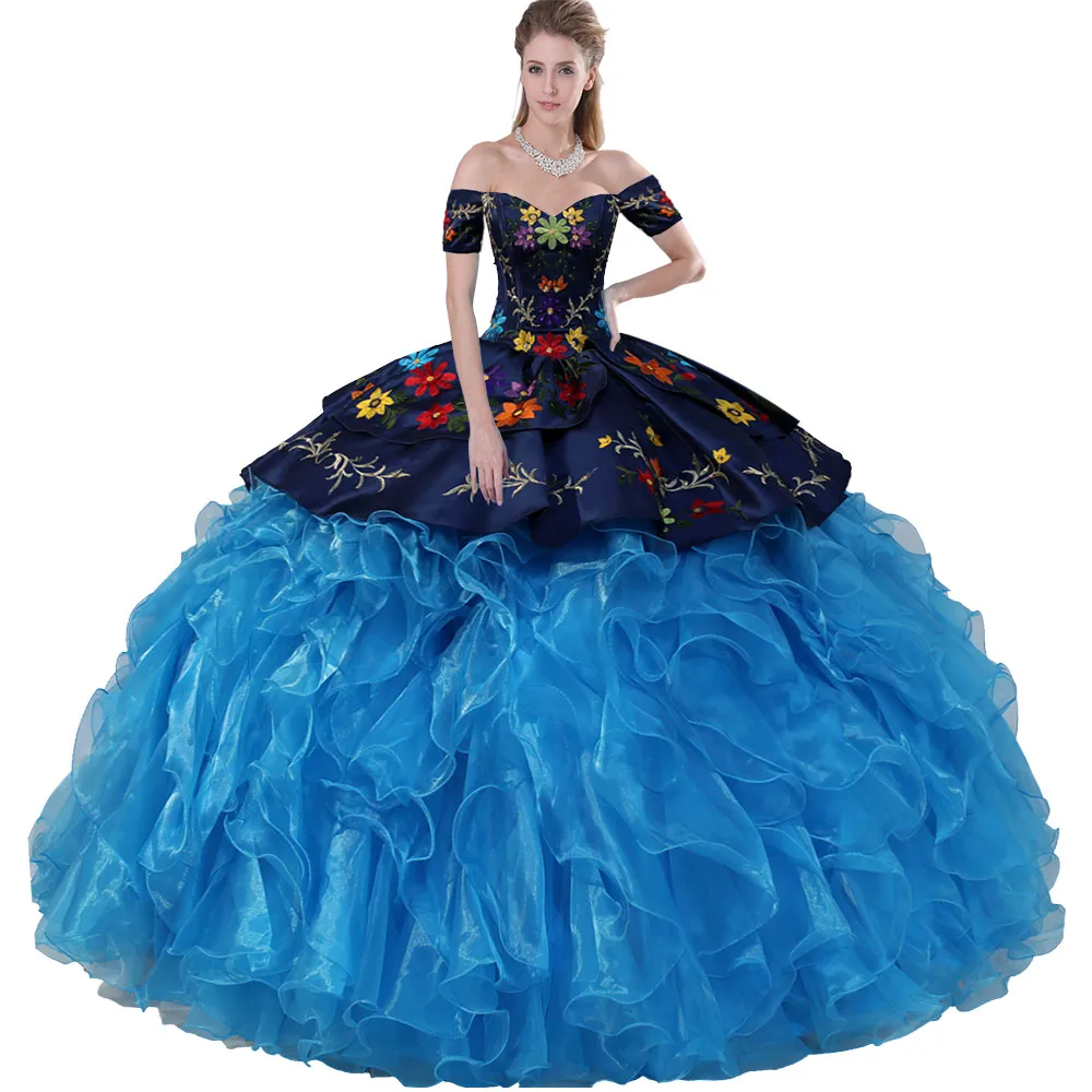 Piękna Meksykańska Meksykańska Charro Quinceanera Dress Navy Blue Multi-kolorowy Haftowany Kwiatowy Cabrio Znabani 2 sztuki