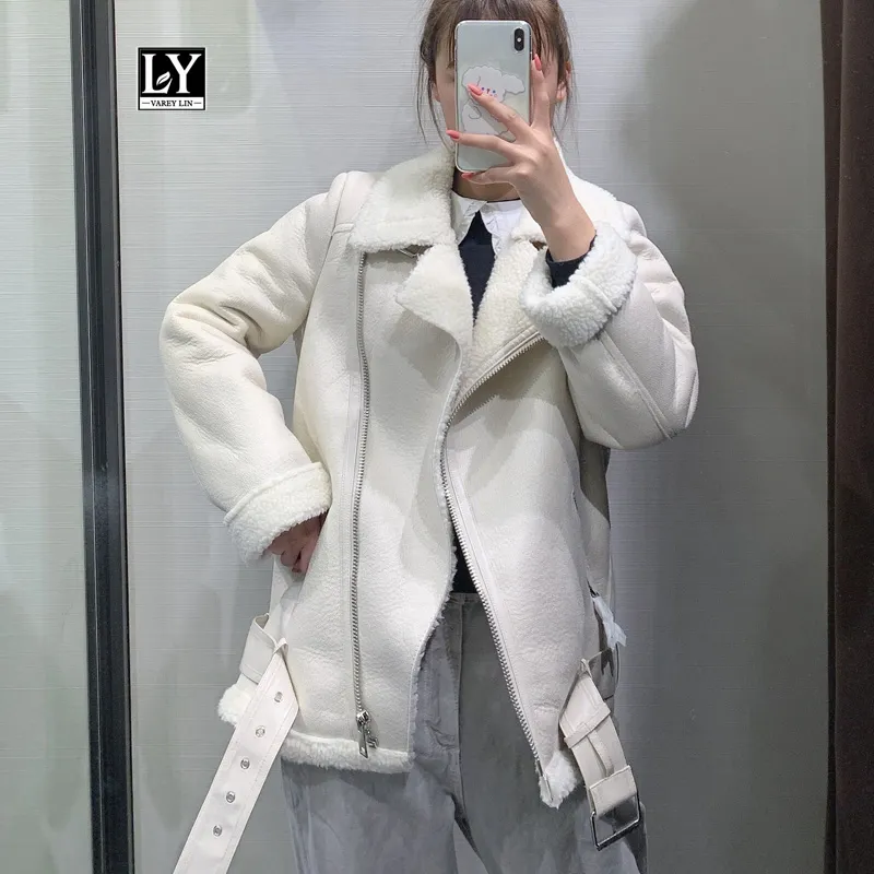 Women's Leather & Faux Ly Varey Lin Women Beige Fur Lamb Jacket Coat With Belt Turn Down Collar Winter Thick Warm Zipper Oversized