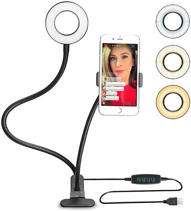 Luz de anel selfie com suporte de telefone preguiçoso clipe de desktop de suporte led led lâmpada de anel USB Tabletop Stand Flexível para transmissão ao vivo blogueiro de vídeo