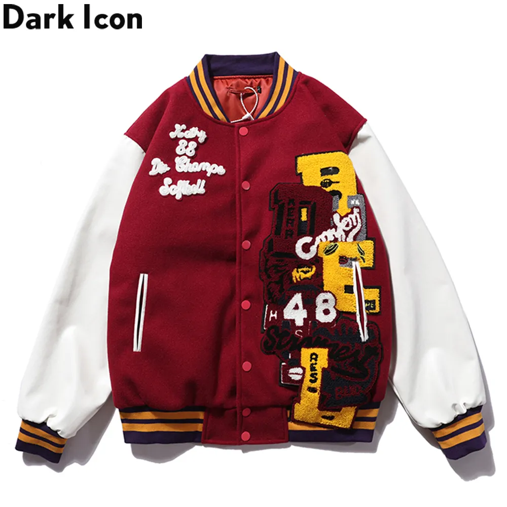 Dark Icon PU Leather Patchwork Bomber Jacket Embroidery Padded Thick Winter Men's Jackets Baseball Jacket Man