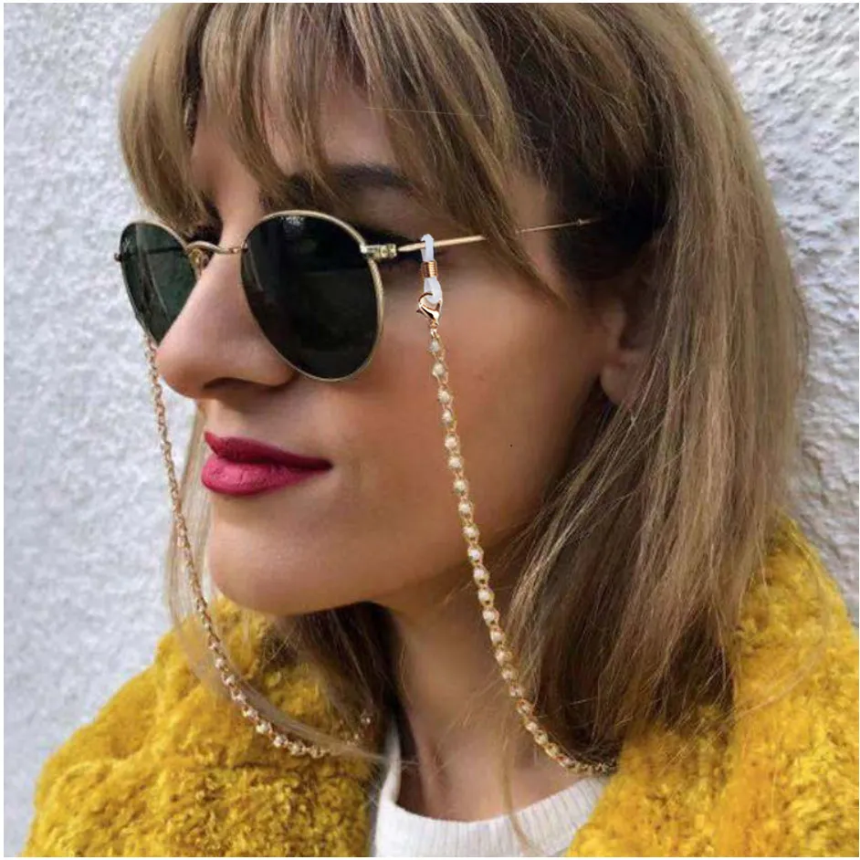 Eyeglasses chain white plastic Pearl charm inside middle metal chain gold silver color plated Silicone Loops Sunglasses accessory