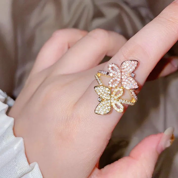 Cute Two Tone 925 Sterling Silver Double Butterfly Rings for Women Bling Zircon Luxury Resizable Opening Rings Jewelry