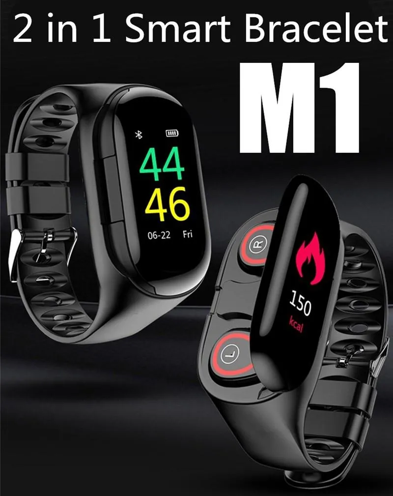 M1 TWS 5.0 Bluetooth hörlurar IP67 Smart armband Klocka Män Heart Rate Monitor Smart Wristband med trådlöst headset för sport