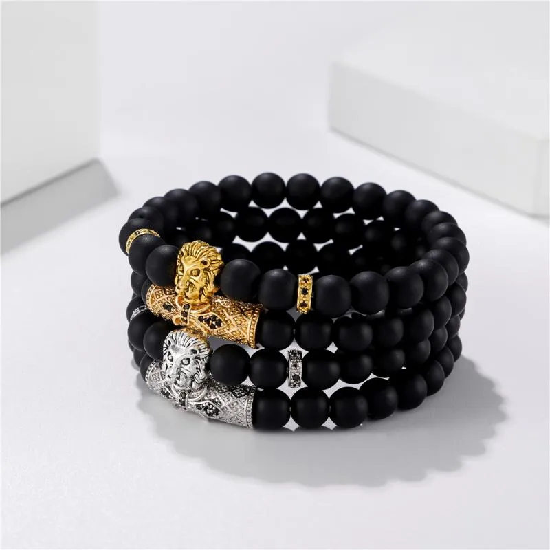 Charm Bracelets 2021 2pcs/set CZ King Lion Bracelet Men Braclet Black Matte Stone Bead For Mens Hand Jewelry