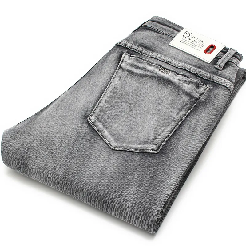 Jeans masculinos homens 2021 verão estiramento negócios casual em linha reta magro ajuste luz cinza denim calças calças clássico cowboys301f