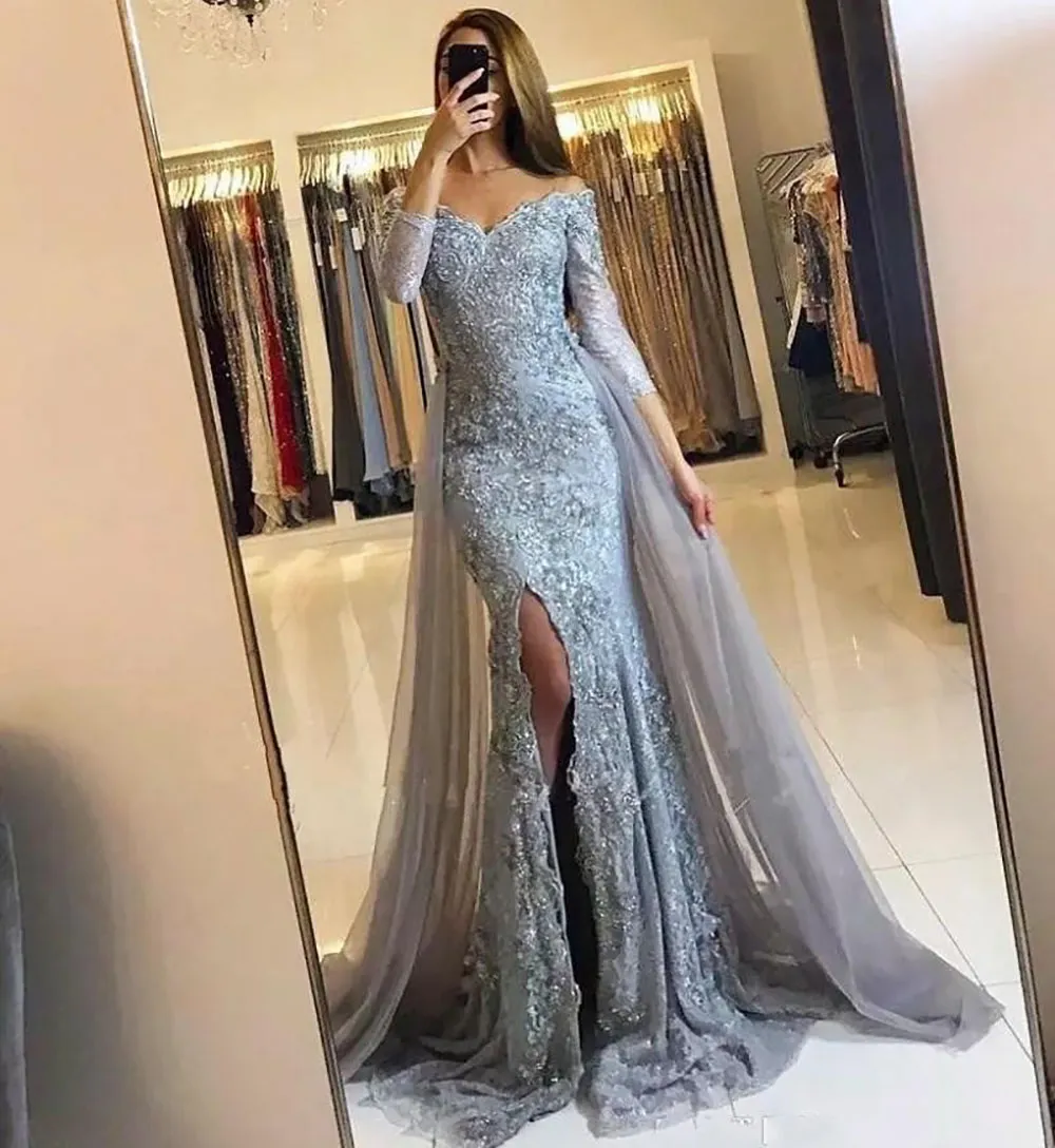 Vestido de fiesta personalizado de manga larga con aberturas hasta el muslo, encaje, sirena, trompeta, escote en forma de corazón, apliques con hombros descubiertos, vestidos de noche con cuentas