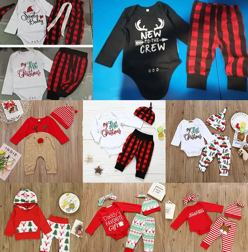 11 Estilos Conjuntos de ropa de bebé de Navidad Bebés Trajes de Navidad Papá Noel Elk Estampado de ropa Pantalones a cuadros Sombrero Conjunto Niño Niño Niñas Trajes M2266