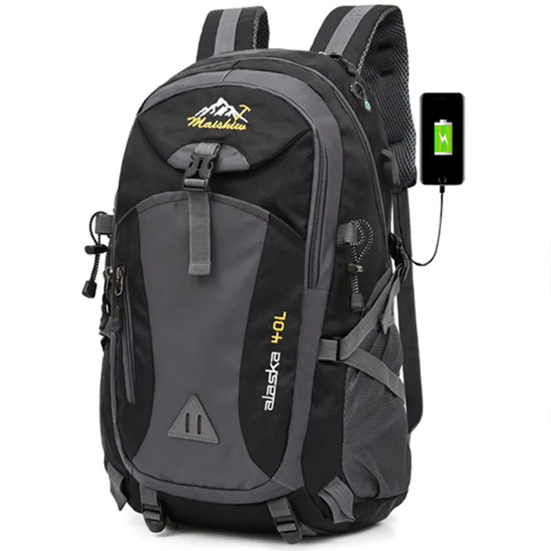 40L Wodoodporny USB Ładowanie Wspinaczka Unisex Mężczyzna Podróży Mężczyzn Plecak Mężczyźni Sport Outdoor Camping Plecak Plecak Szkolny Torba Pakiet 200918