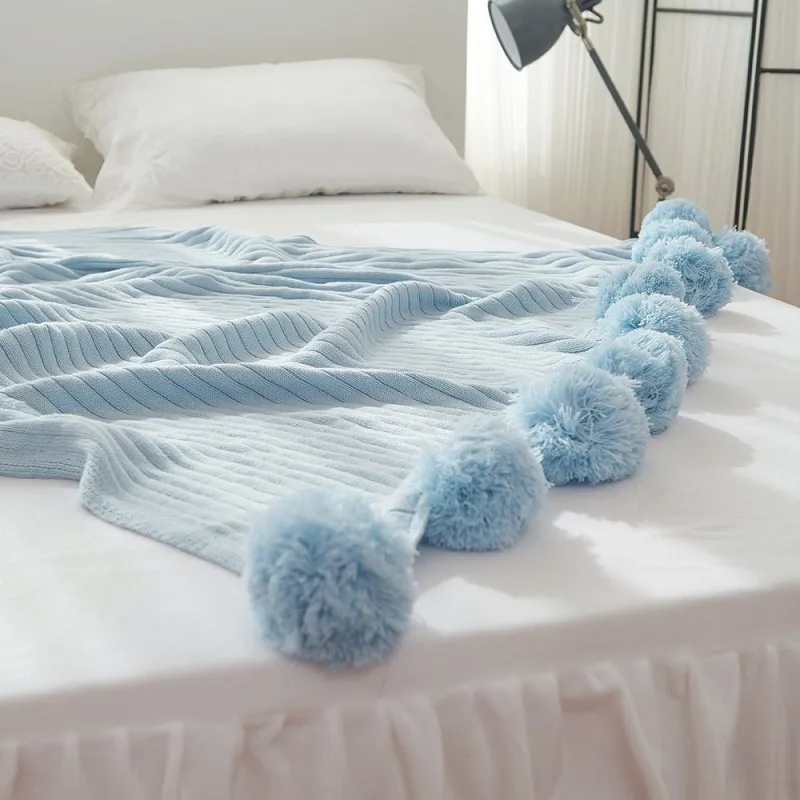 Mantas 200x150cm Calidad sólida Cotton Pom Ganchillo Hilo Manta de hilo para bebés Adultos Twin Size Bed Tirones de punto Sofá Decoración para el hogar
