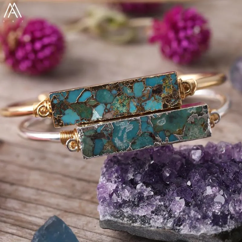 Charm Bracelets Natural Gold Line Turquoises Slab Beads Open Cuff Bangles Fashion Women Silvery Wrapped Howlite Couples268y