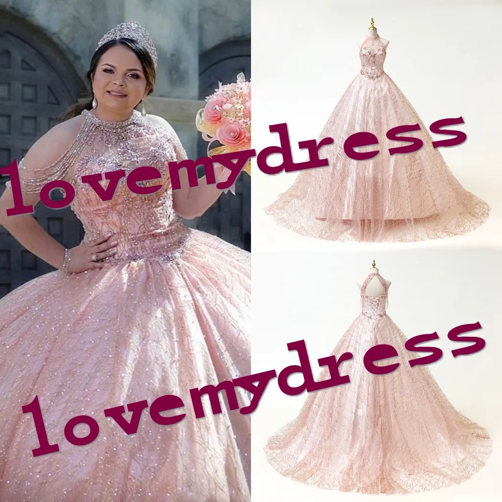 Rose Pink 2021 Платья Quinceanera для сладких 16 Девушки Высокая шея Бисечка Холодный Плечо Кристалл Bling Tulle Корсет Назад Бальные платья Долгогие