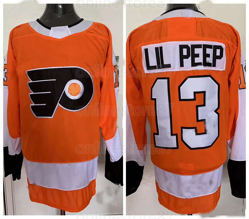 Mens Fashion Star # 13 Lil Peep Philadelphia Flyers Hockey Jerseys Dames Jeugd Gestikt Custom Elke naam en nummer Jersey Orange Black White