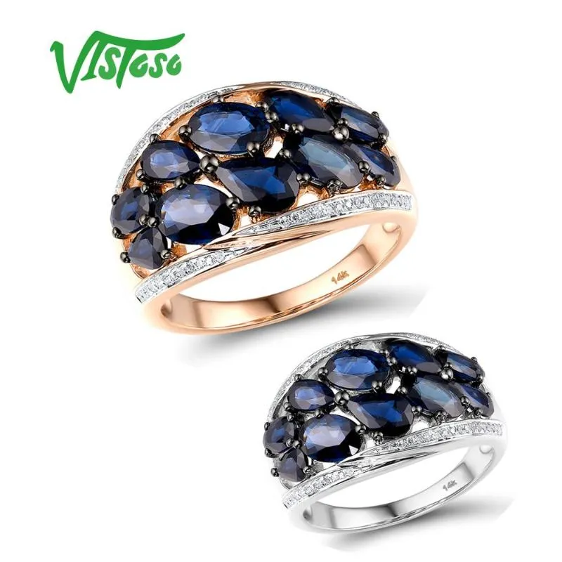 Anéis de cluster Vistaso Pure 14k 585 Rose / Branco Anel de Ouro para Mulheres Brilhando Diamante Blue Sapphire Luxo Noivado de Noivado Jóias Fine