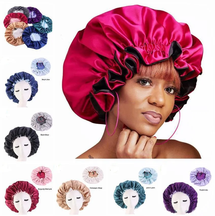 7Color Selection Silk Night Cap Hat Double Side Wear Women Head Cover Cap Cap Satin Bonnet dla pięknych włosów Double Dome Hat