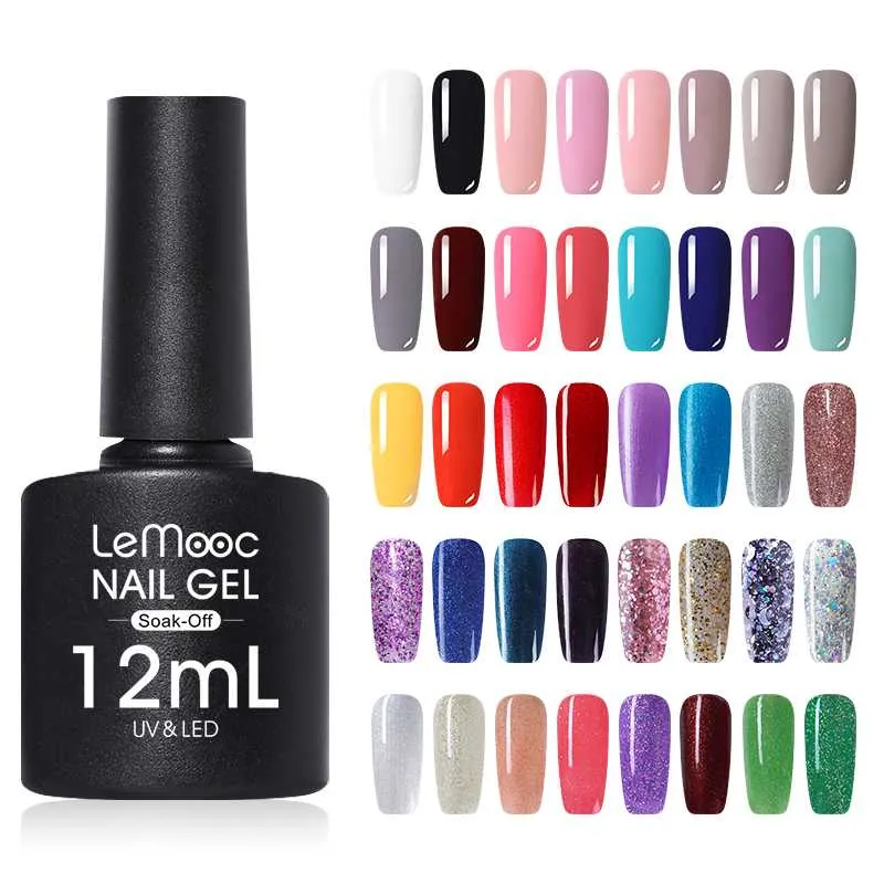 LEMOOC 12ml Colorful Gel Polish Glitter Sequins Red Grey Black Colors Soak Off UV LED Gel Varnish Long Lasting Nail Art