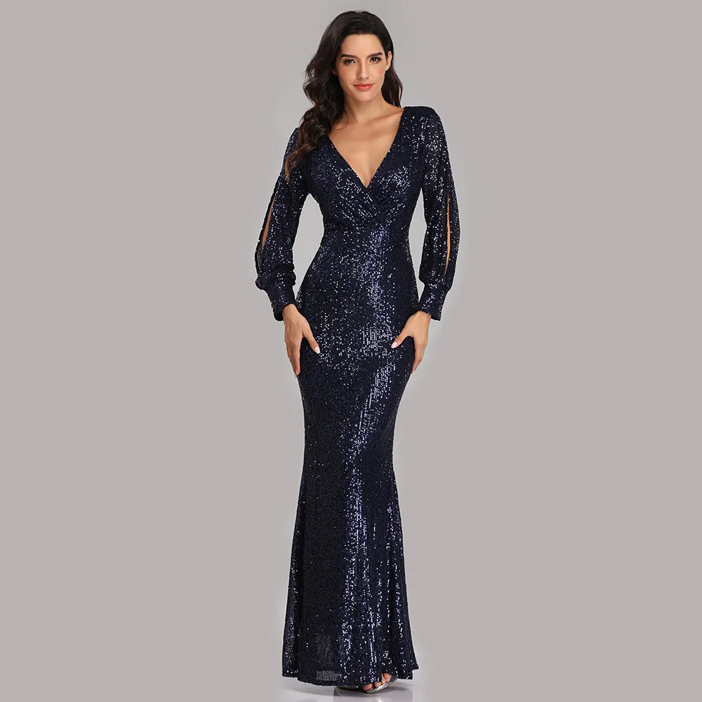 Abendkleider Lange Pailletten Elegante Robe De Soiree Sexy Tiefem V-ausschnitt Split Formale Kleid Volle Hülse Abendkleid LJ201123