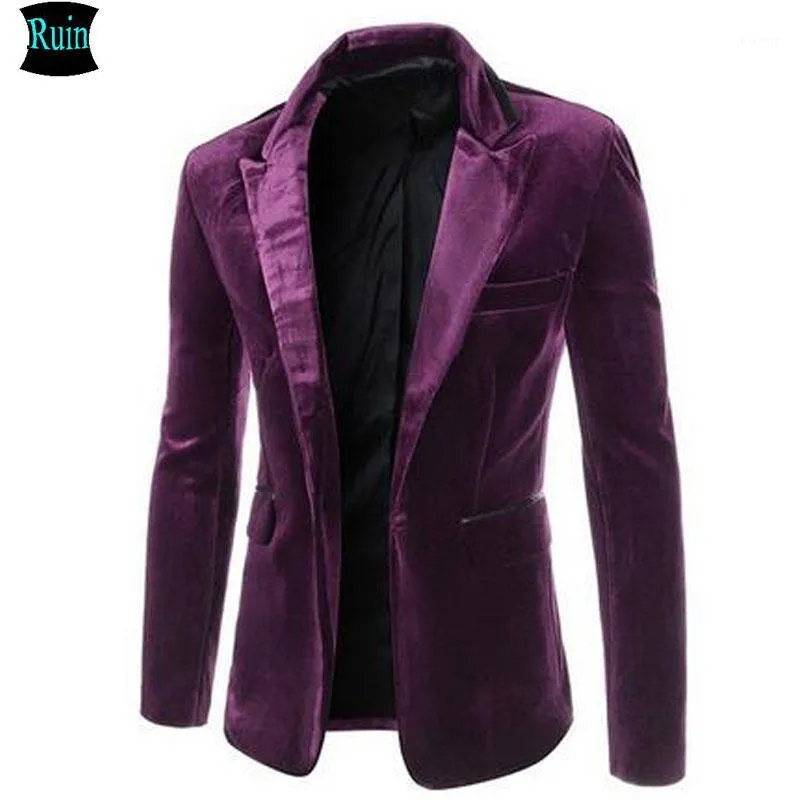 Men's Suits & Blazers Wholesale- Ruin 2021 Arrival Fashion Casual Velvet Men's Clothing Suit Slim Fit Wine Red Male Blazer Jackets Blac