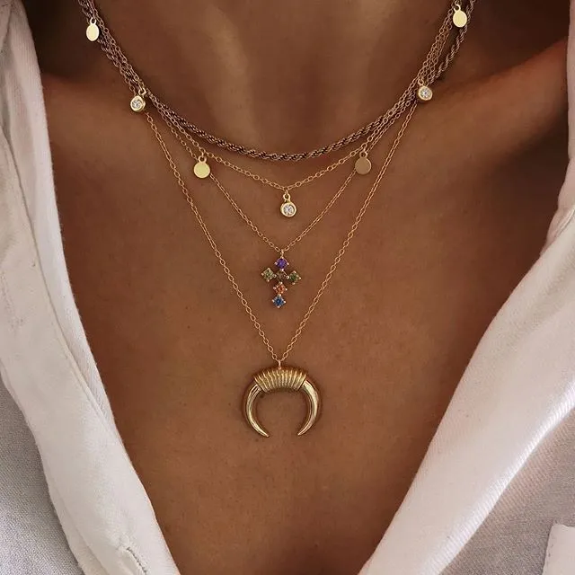 S1866 Hot Bohemina Fashion Smycken Multi Layer Necklace Moon Horn Disc Pendant Halsband