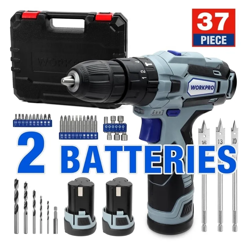 WorkPro 12 V Cordless Wiertło Zestaw kierowców Wiertarka Combi z 2 bateriami litowo-jonowymi Szybka ładowarka 18 + 3 Ustawienie obrotowe 2-biegowe 3/8 '' Chuck 201225