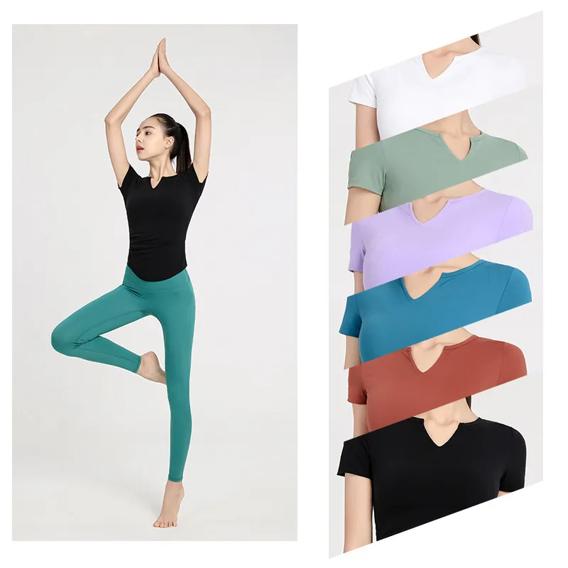 Kvinnor Toppar Tees Kläder Designers Kläder T-shirt Självodling Yoga Sport Fitness Running Snabbtorkande Elastisk V-Neck Figur Kvinna Kortärmad