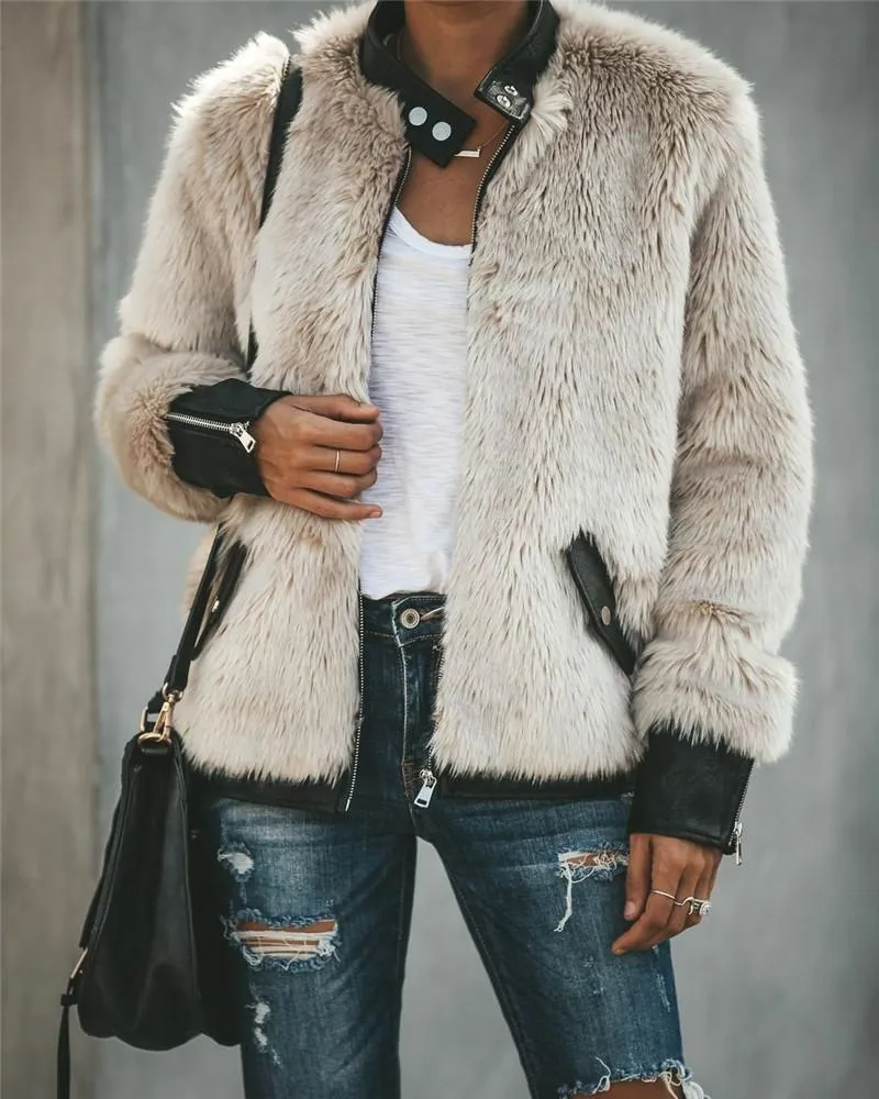 2020 Women Warm Teddy Bear Fleece Leather Patchwork Pocket Long Sleeve Slim Jacket Zip Up Oversize Outwear Coats