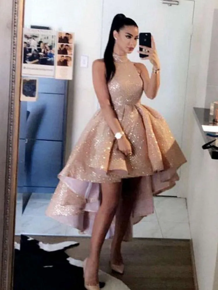Sequined Lace High Low Prom Dress Sleeveless High Neck Short Formal Evening Gown