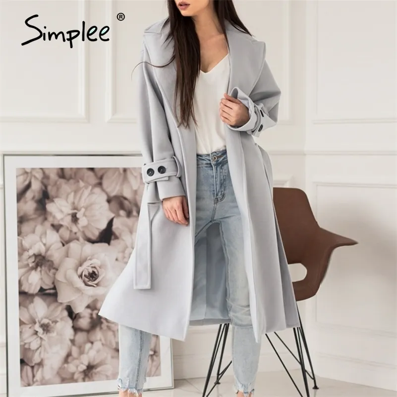 Simplee Elegant light grey autumn winter female long coat Office ladies wool blend overcoat Causal pocket fashion coat jacket LJ201202