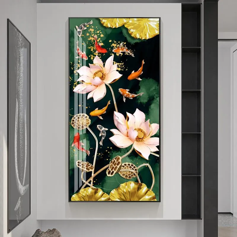 Gemälde Nordic Luxus Glück Nine Fisch Leinwand Malerei Feng Shui Koi Poster Lotus Blumen Wandbilder für Korridor Wohnzimmer Dekor