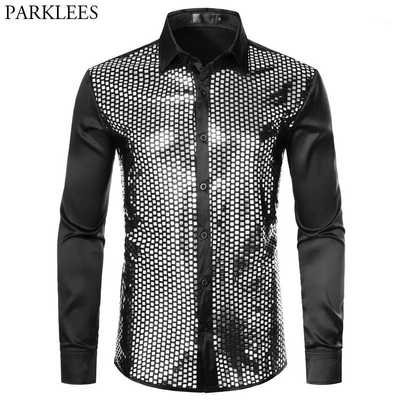 Mens lantejoulas glitter seda cetim vestido preto camisa 2020 novo botão de manga longa para baixo discoteca fase de baile camisa nightclub festa festa festa1