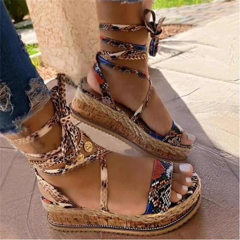 Women Summer Sandlas Flats Crosss Tie Lace Up Plus Size Female Round Toe Shallow Sewing Platform Shoes 0928
