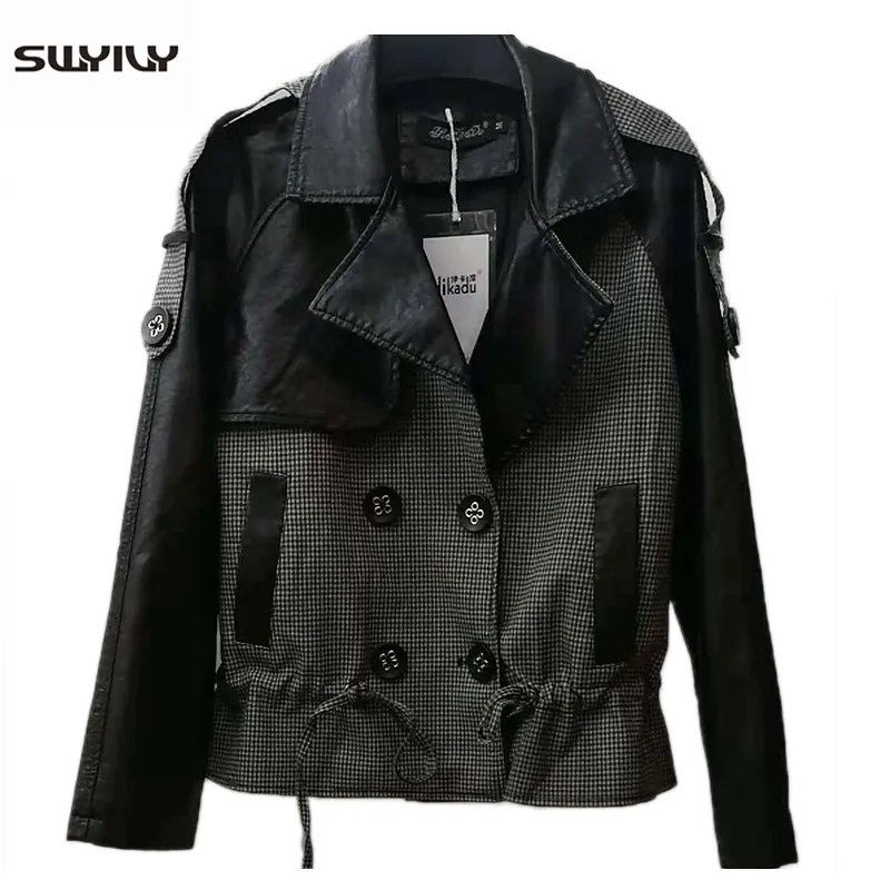 SWYIVY Leather Jacket Coats Woman PU Short Design 2019 Spring Autumn New Female Loose Coat Double Breasted Leather Jackets Black